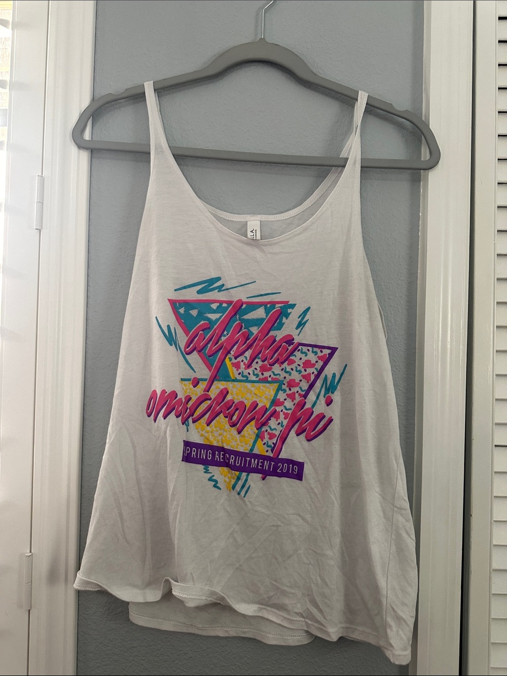 Alpha Omicron Pi White Graphic Tank - Neon 80s Triangle Design